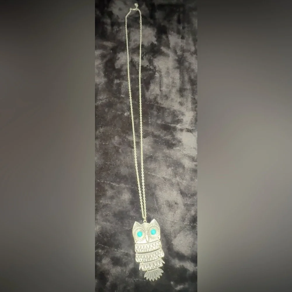 Vintage Articulated Owl Pendant Necklace • Boho Turquoise Eyes • Long Chain
